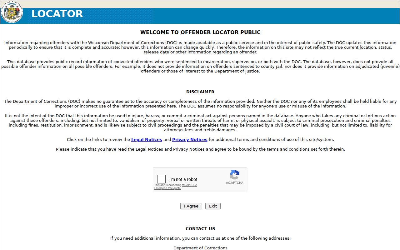 Wisconsin resident lookup: DOC Person in Our Care and Offender Search landing page
