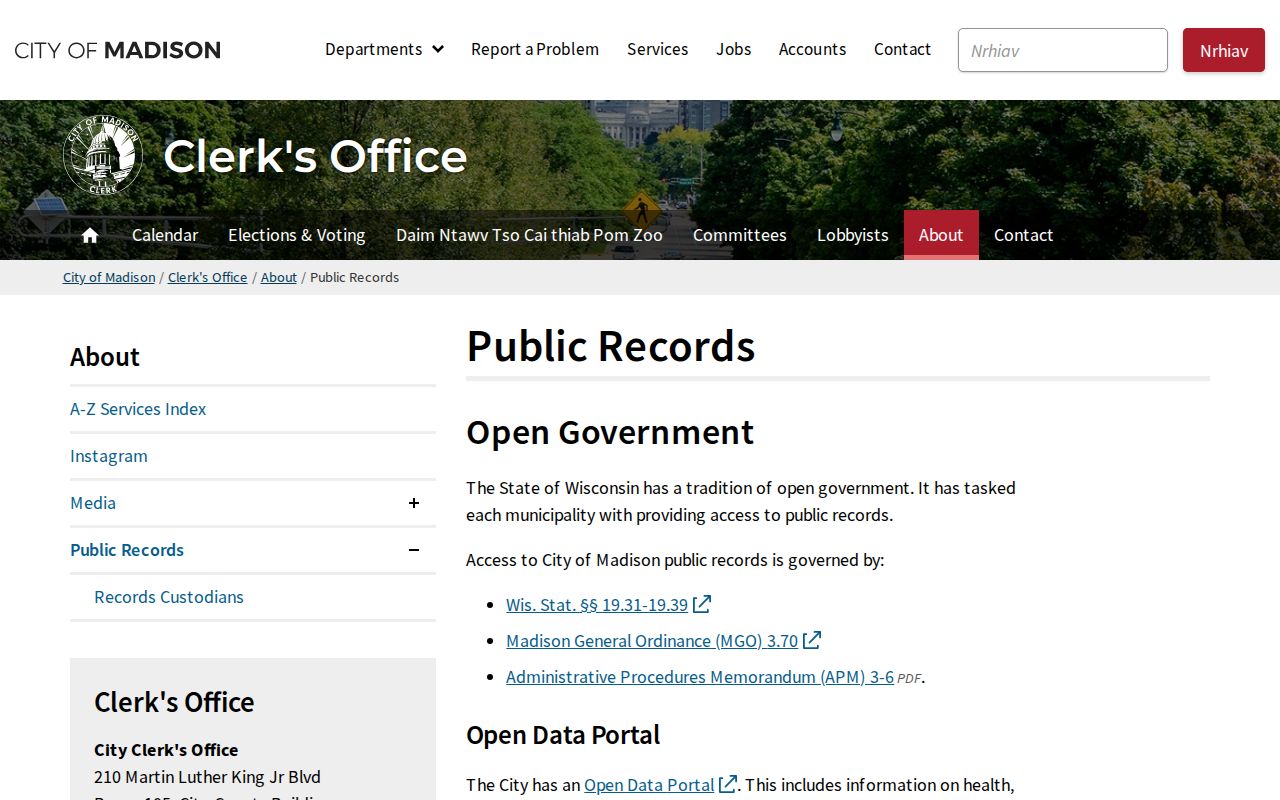 Wisconsin residents directory example of a municipal records custodian and request center