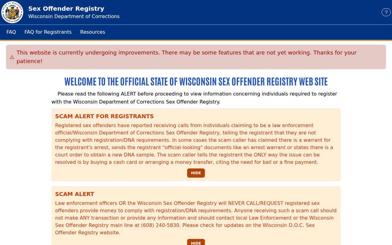 Wisconsin resident lookup: sex offender registry conditions and scam warning