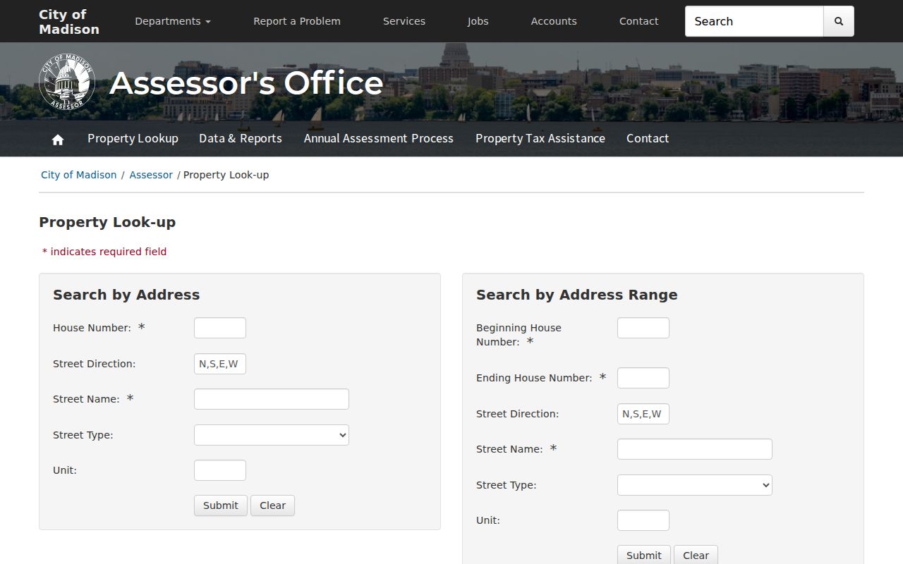 Wisconsin street directory research with Madison assessor address search fields