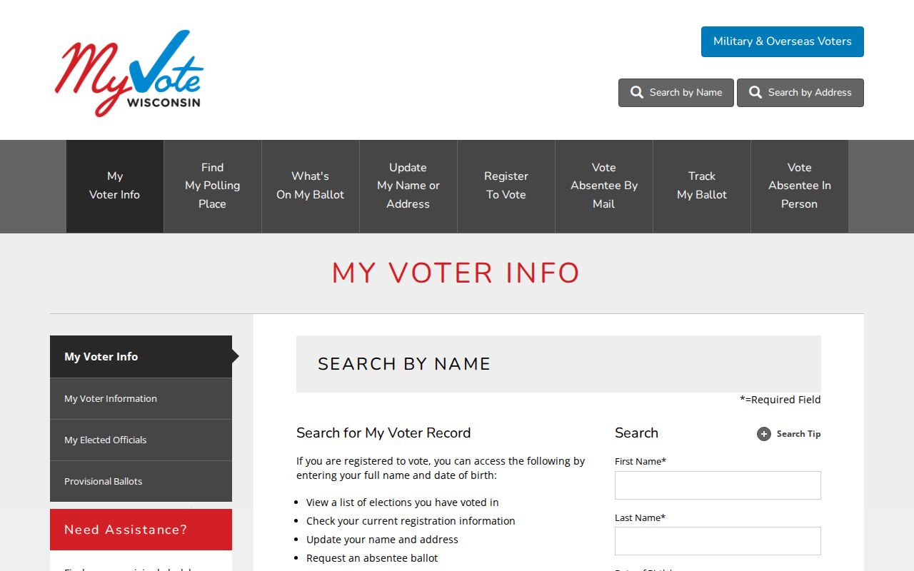 Wisconsin resident lookup: MyVote name and address search fields