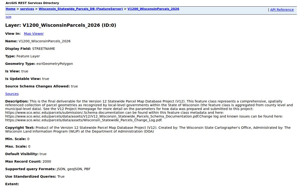 Wisconsin street directory parcel data fields in the V12 feature service