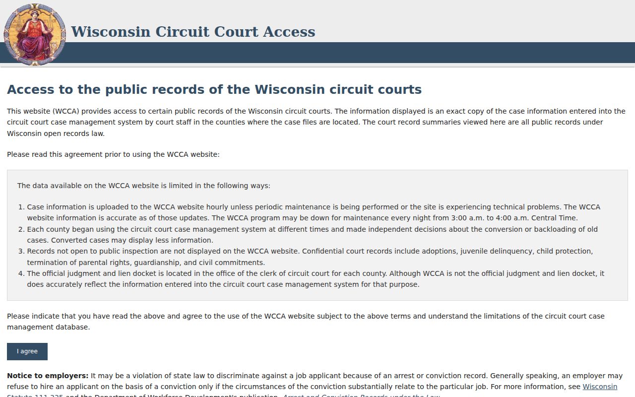 Wisconsin resident lookup: WCCA agreement and simple case-search screen