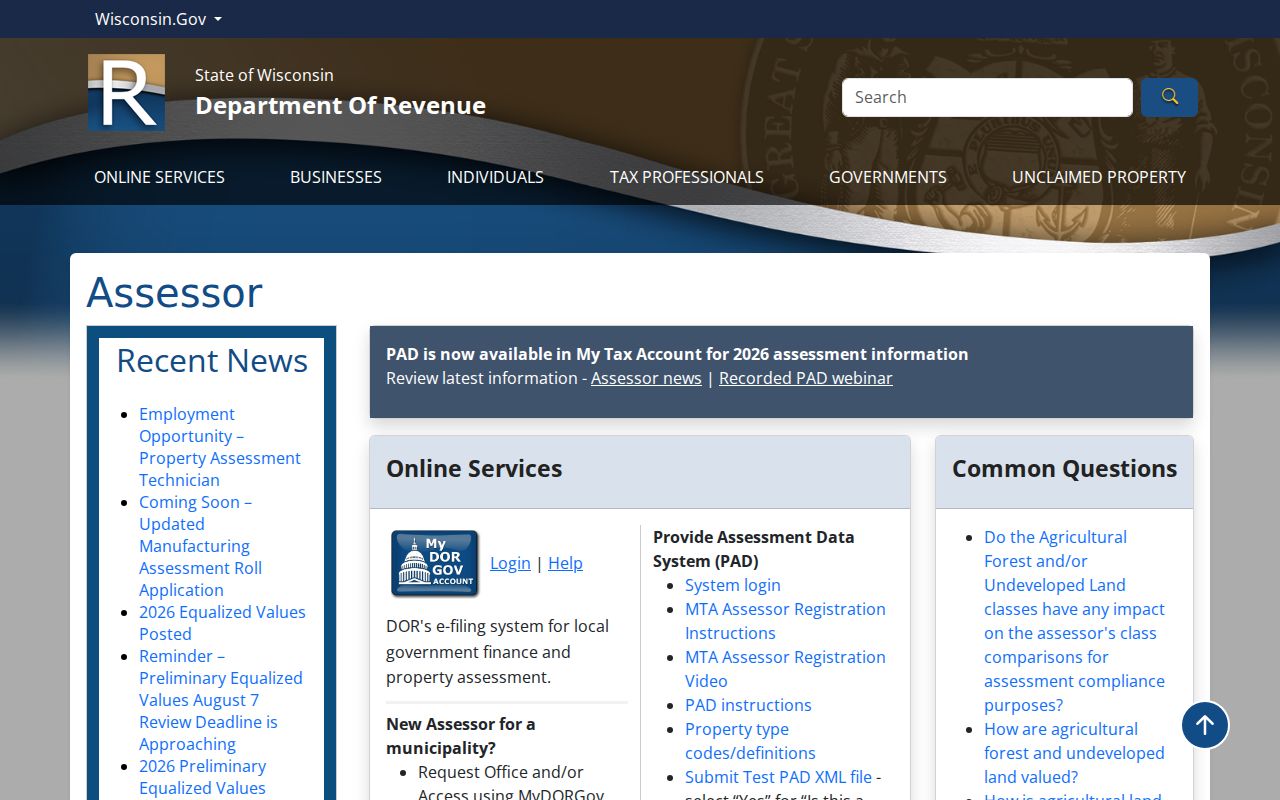 Wisconsin residents directory assessor routing page showing the local assessor search path